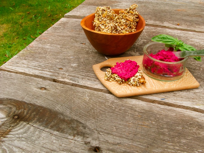beet pesto on crackers