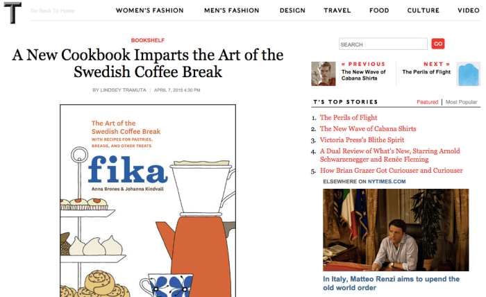 Fika: The Art of the Swedish Coffee Break featured in New York Times